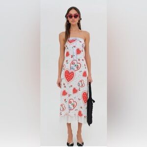 For Love & Lemons Daisy Mae Whimsical Cherries Heart Strapless Midi Dress xl